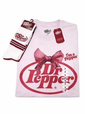 NWT Dr Pepper "I'm a Pepper" Bow Graphic Tee Size M + Crew Socks 2-Pair Bundle